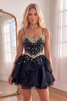 Load image into Gallery viewer, Black Sparkly Spaghetti Straps Mirror Short Cocktail Dress with Ruffles