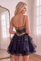 Load image into Gallery viewer, Black Sparkly Spaghetti Straps Mirror Short Cocktail Dress with Ruffles