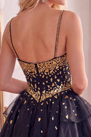 Load image into Gallery viewer, Black Sparkly Spaghetti Straps Mirror Short Cocktail Dress with Ruffles