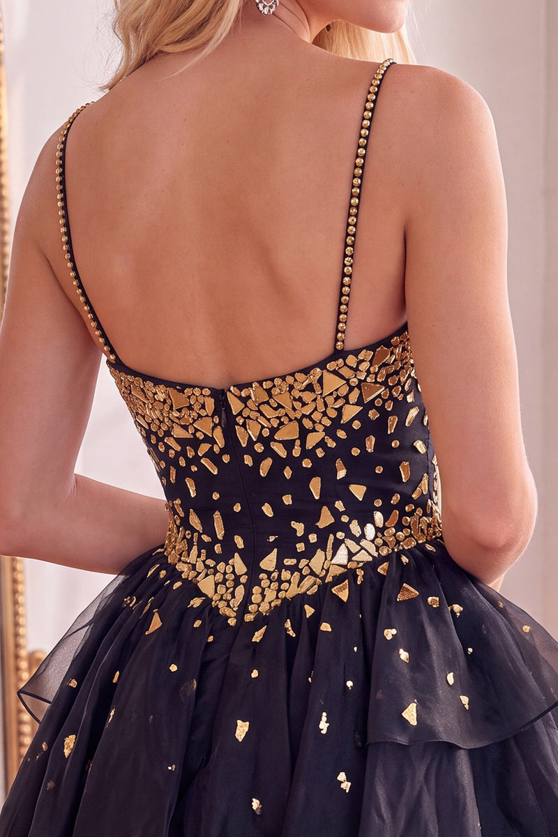Load image into Gallery viewer, Black Sparkly Spaghetti Straps Mirror Short Cocktail Dress with Ruffles
