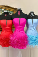 Load image into Gallery viewer, Fuchsia Straplee A Line Cocktail Dress with Feathers