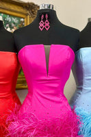 Load image into Gallery viewer, Fuchsia Straplee A Line Cocktail Dress with Feathers