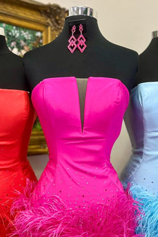Fuchsia Straplee A Line Cocktail Dress with Feathers