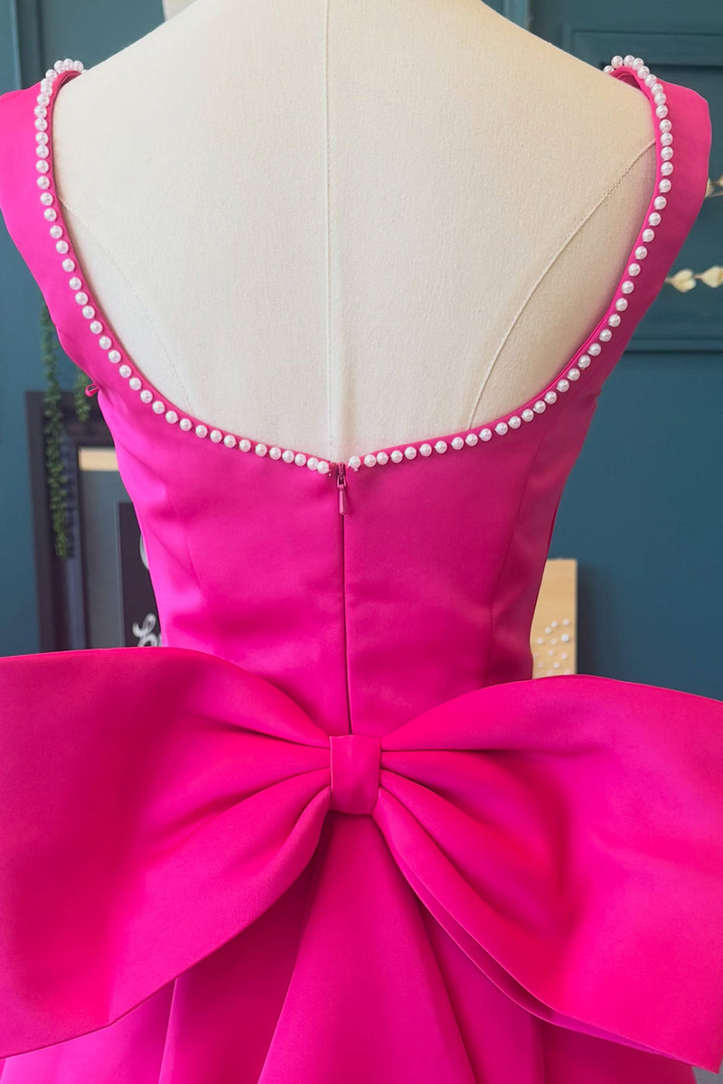 Load image into Gallery viewer, Fuchsia Boat Neck A Line Short Cocktail Dress with Bow
