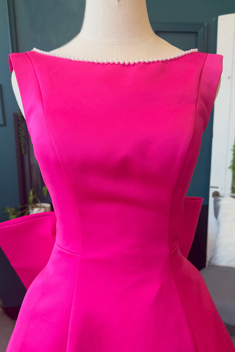 Load image into Gallery viewer, Fuchsia Boat Neck A Line Short Cocktail Dress with Bow