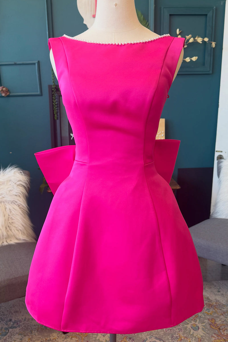 Load image into Gallery viewer, Fuchsia Boat Neck A Line Short Cocktail Dress with Bow