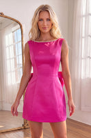 Load image into Gallery viewer, Fuchsia Boat Neck Short Ruffled Cocktail Dress with Pearls