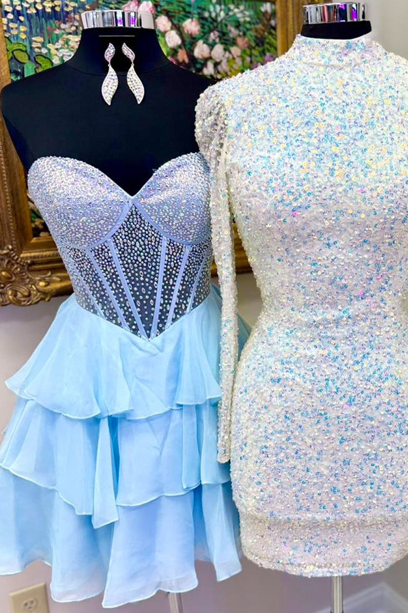 Load image into Gallery viewer, Sparkly Yellow Corset Short Beaded Sweetheart Ruffled Cocktail Dress