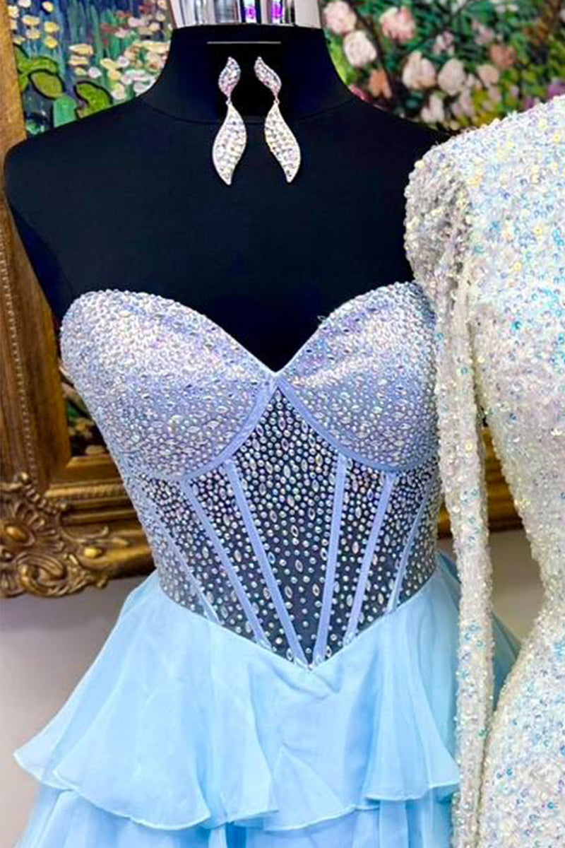 Load image into Gallery viewer, Sparkly Yellow Corset Short Beaded Sweetheart Ruffled Cocktail Dress