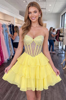 Load image into Gallery viewer, Sparkly Yellow Corset Short Beaded Sweetheart Ruffled Cocktail Dress