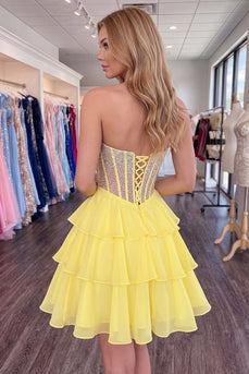 Sparkly Yellow Corset Short Beaded Sweetheart Ruffled Cocktail Dress