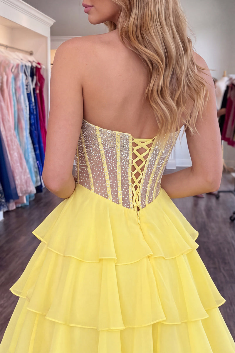 Load image into Gallery viewer, Sparkly Yellow Corset Short Beaded Sweetheart Ruffled Cocktail Dress