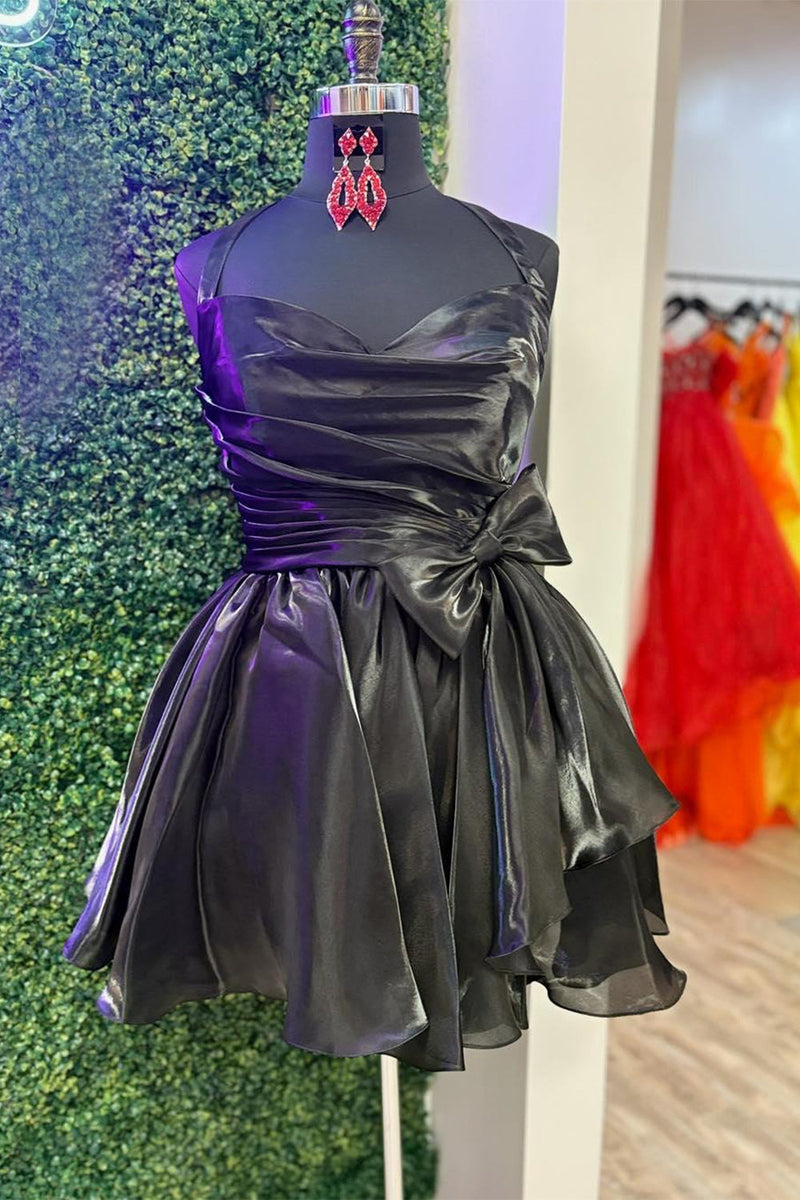 Load image into Gallery viewer, Black Halter A Line Short Cocktail Dress with Bow