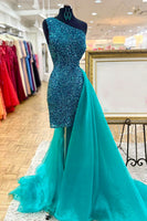Load image into Gallery viewer, Sparkly Green One Shoulder Tight Short Cocktail Dress with Cape