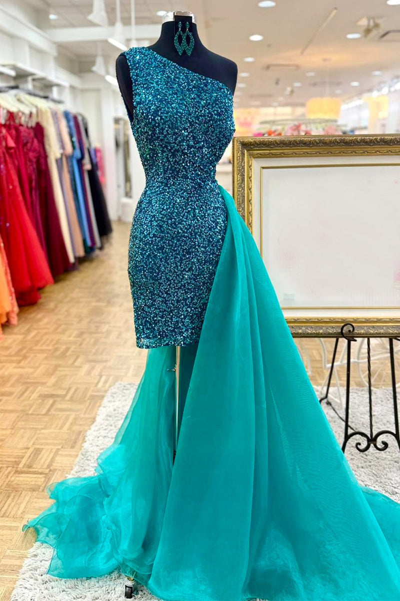 Load image into Gallery viewer, Sparkly Green One Shoulder Tight Short Cocktail Dress with Cape