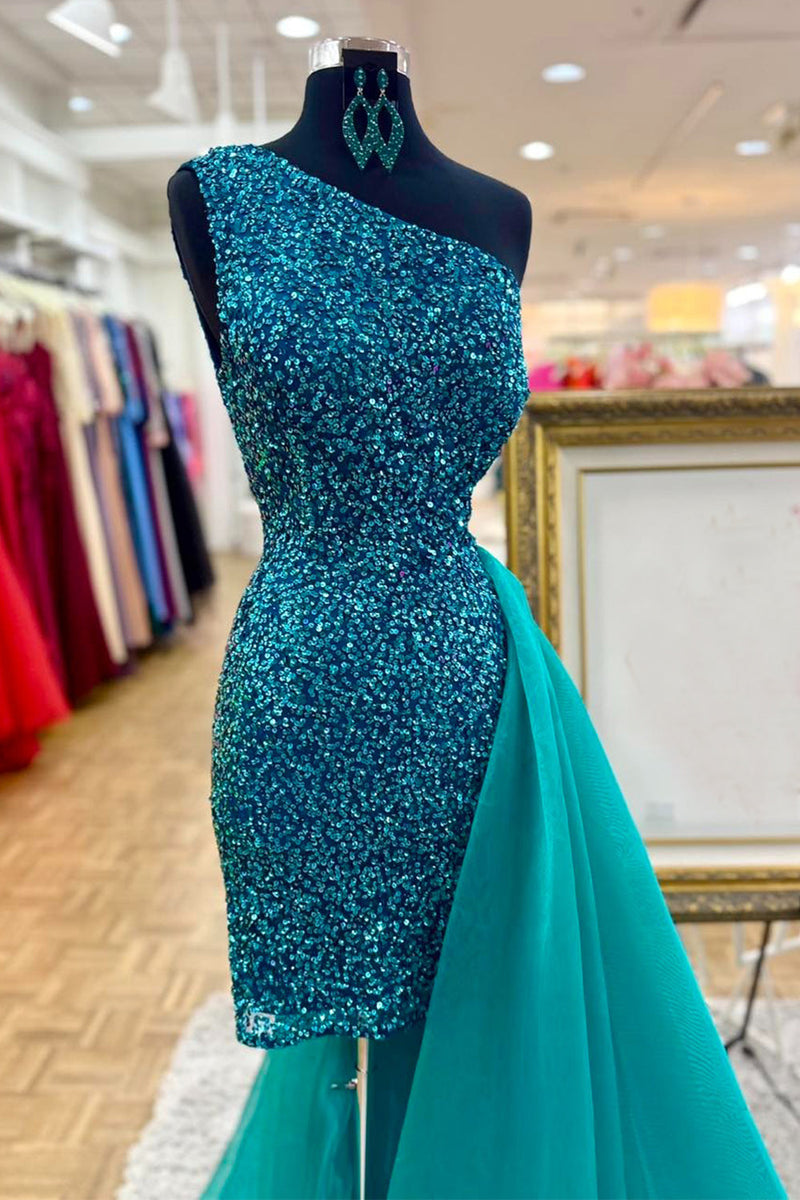 Load image into Gallery viewer, Sparkly Green One Shoulder Tight Short Cocktail Dress with Cape