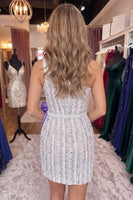 Load image into Gallery viewer, Grey One Shoulder Short Tweed Tight Cocktail Dress with Bow