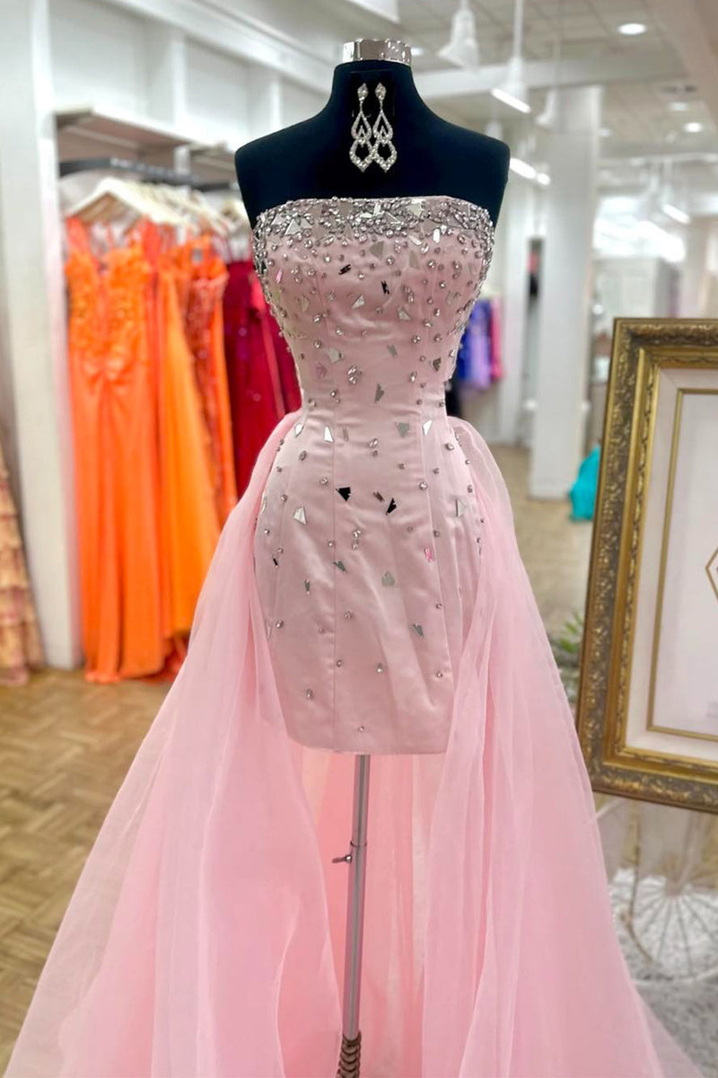 Load image into Gallery viewer, Sparkly Pink Strapless Beaded Tight Short Cocktail Dress with Cape
