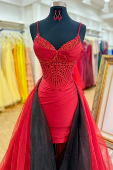 Sparkly Red Beaded Spaghetti Straps Tight Short Cocktail Dress with Cape