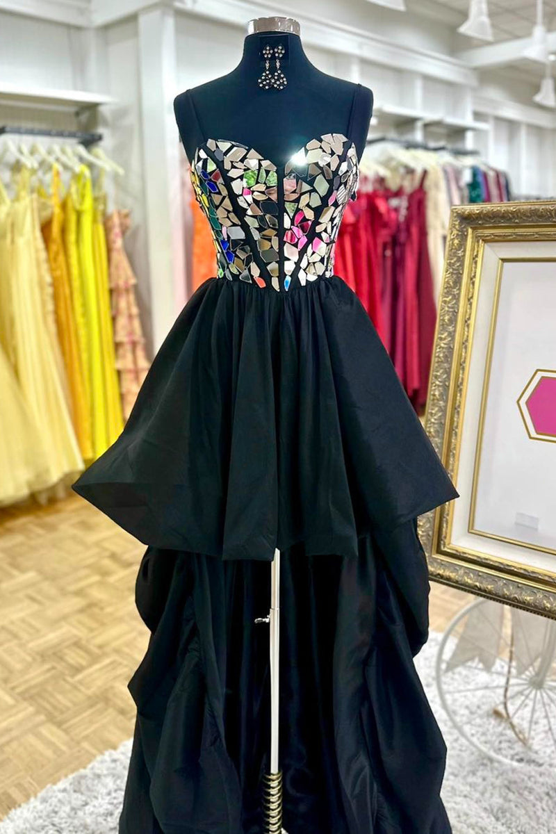 Load image into Gallery viewer, Sparkly Black A Line Spaghetti Straps Mirror Short Cocktail Dress