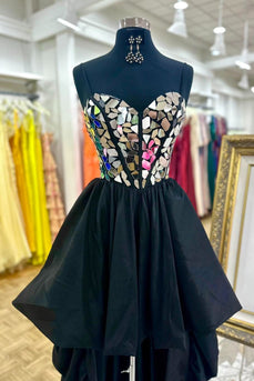 Sparkly Black A Line Spaghetti Straps Mirror Short Cocktail Dress