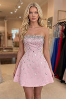 Load image into Gallery viewer, Pink Sparkly A-Line Strapless Short Cocktail Dress with Rhinestones