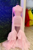 Load image into Gallery viewer, Pink High Neck Long Sleeves Tight Short Cocktail Dress with Cape
