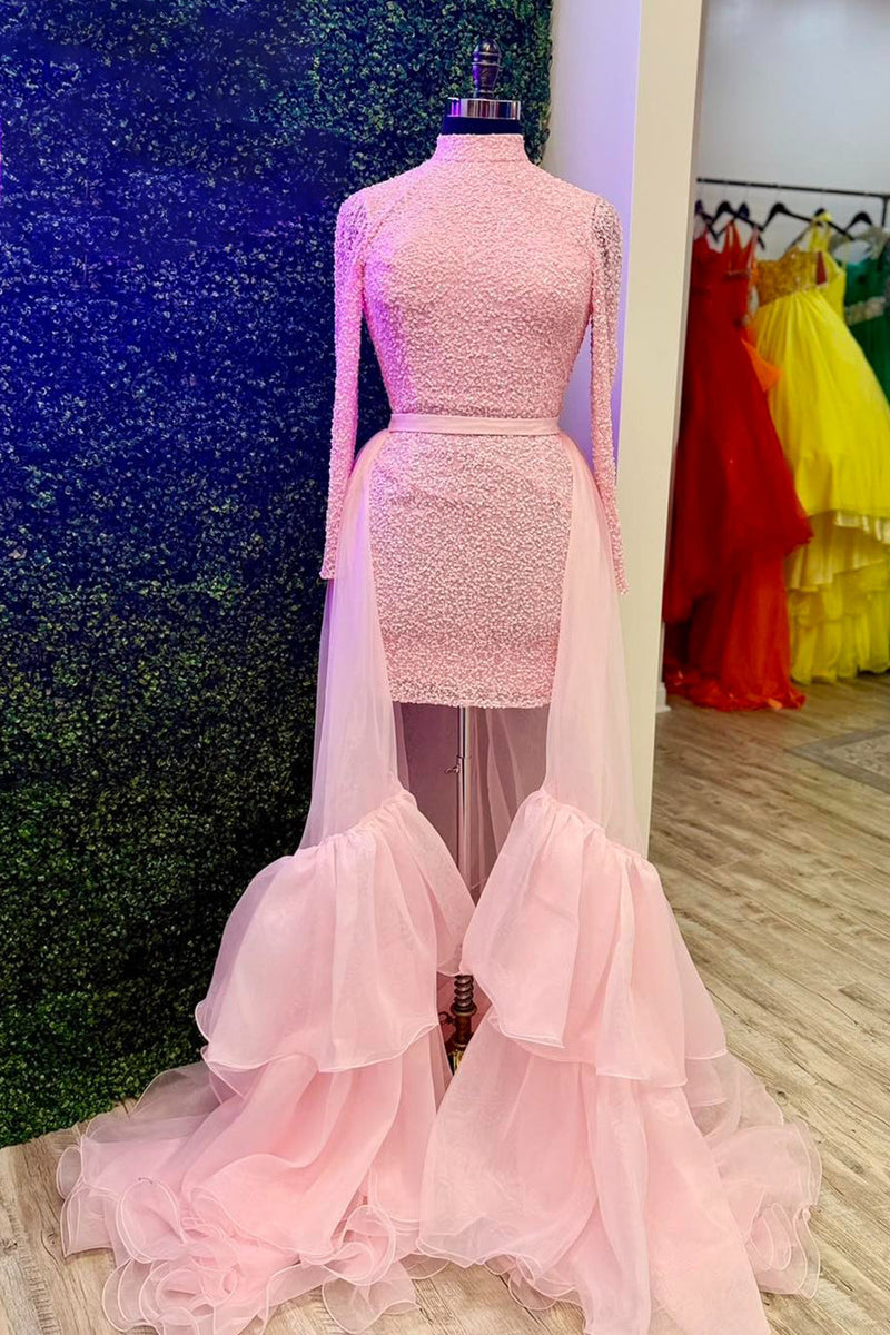 Load image into Gallery viewer, Pink High Neck Long Sleeves Tight Short Cocktail Dress with Cape