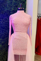 Load image into Gallery viewer, Pink High Neck Long Sleeves Tight Short Cocktail Dress with Cape