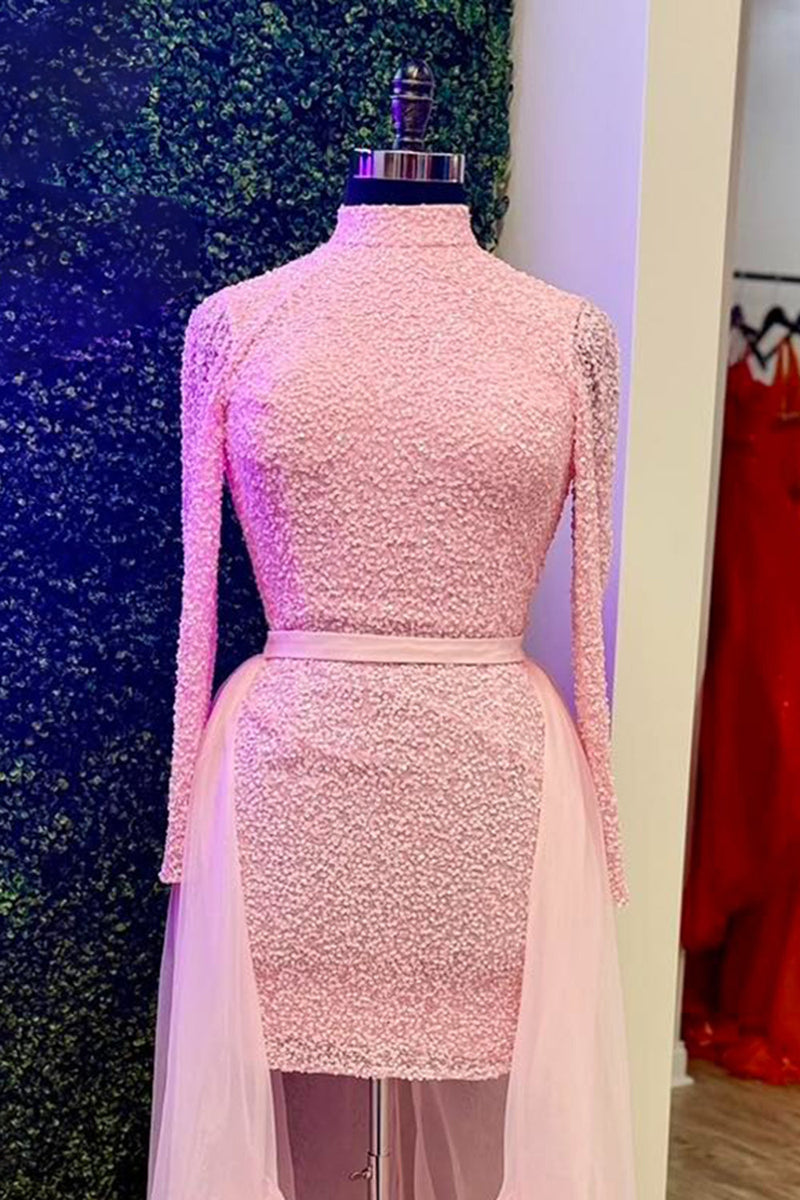 Load image into Gallery viewer, Pink High Neck Long Sleeves Tight Short Cocktail Dress with Cape