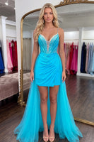 Load image into Gallery viewer, Turquoise Sparkly Corset Beaded Short Tight Cocktail Dress with Cape