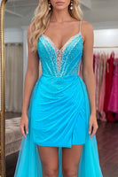 Load image into Gallery viewer, Turquoise Sparkly Corset Beaded Short Tight Cocktail Dress with Cape