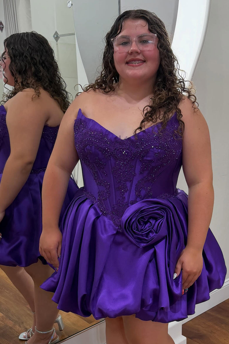 Load image into Gallery viewer, Pink Appliqued Corset Sweetheart Short Bubble Cocktail Dress with 3D Flower