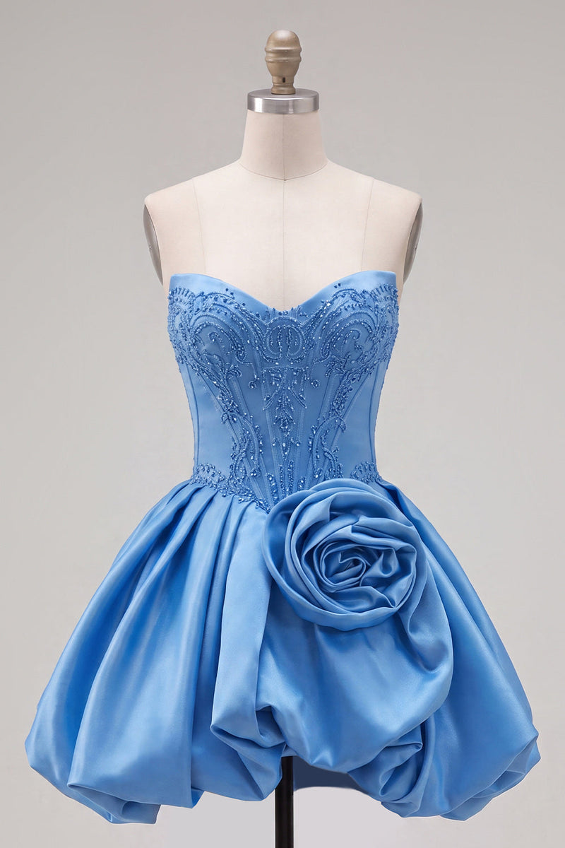 Load image into Gallery viewer, Dark Blue Corset Beaded A-Line Short Cocktail Dress with 3D Flower