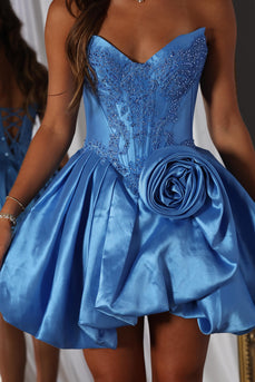 Dark Blue Corset Beaded A-Line Short Cocktail Dress with 3D Flower
