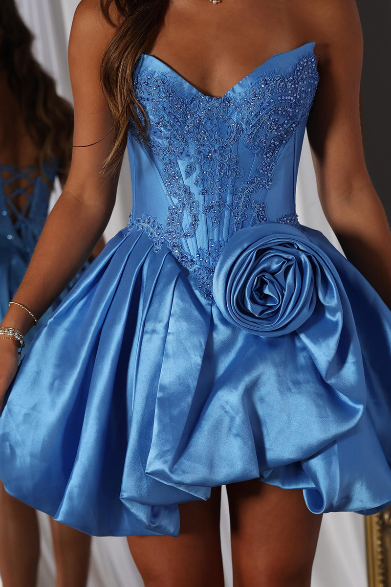 Load image into Gallery viewer, Dark Blue Corset Beaded A-Line Short Cocktail Dress with 3D Flower