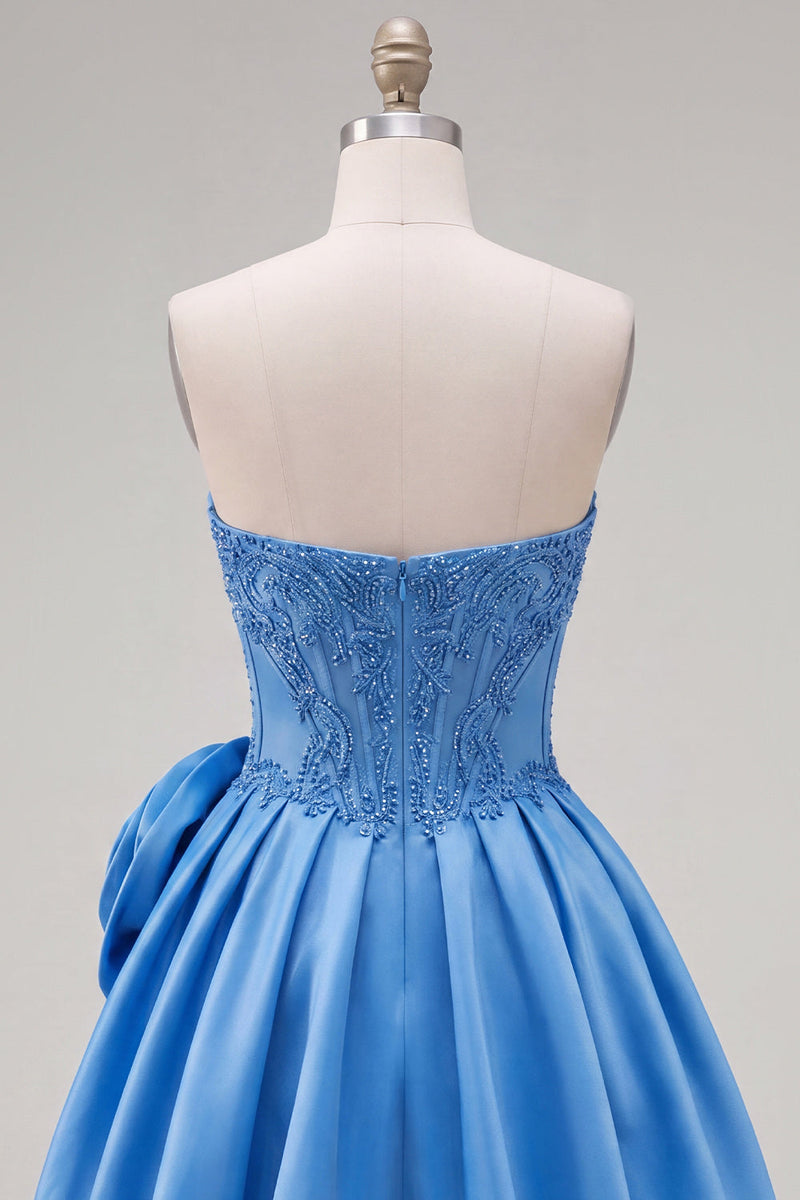 Load image into Gallery viewer, Dark Blue Corset Beaded A-Line Short Cocktail Dress with 3D Flower