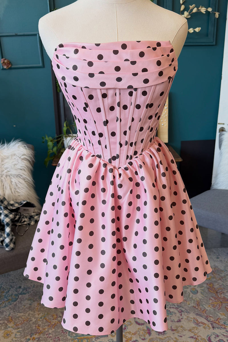 Load image into Gallery viewer, Black and White Polka Dots Corset A-Line Strapless Short Cocktail Dress