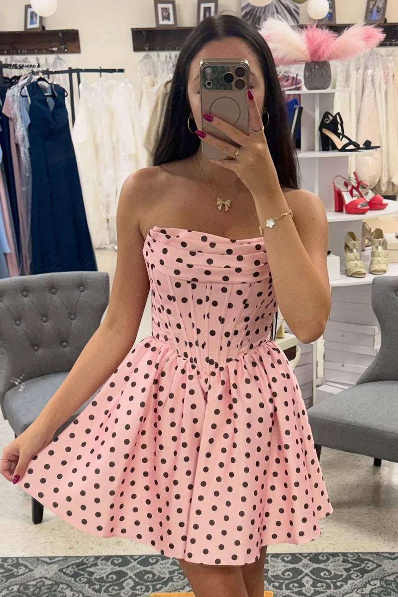 Load image into Gallery viewer, Black and White Polka Dots Corset A-Line Strapless Short Cocktail Dress