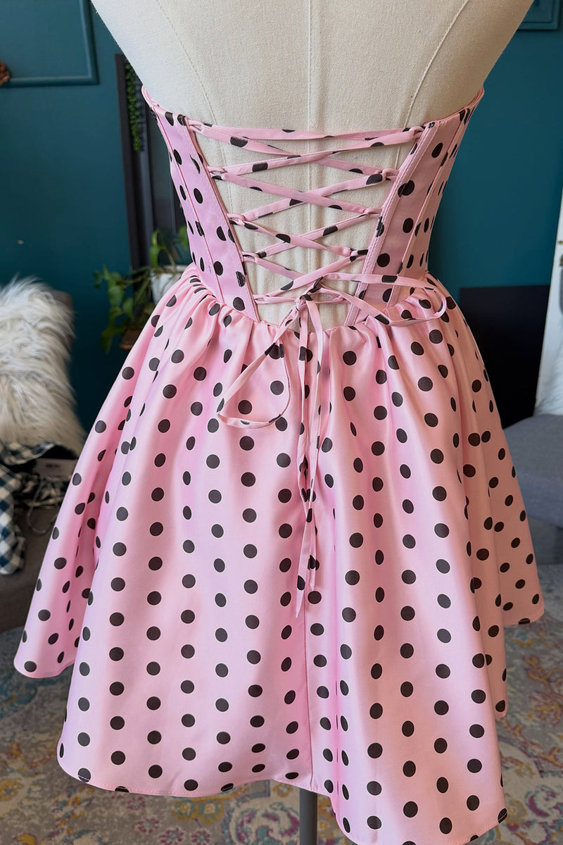 Load image into Gallery viewer, Black and White Polka Dots Corset A-Line Strapless Short Cocktail Dress