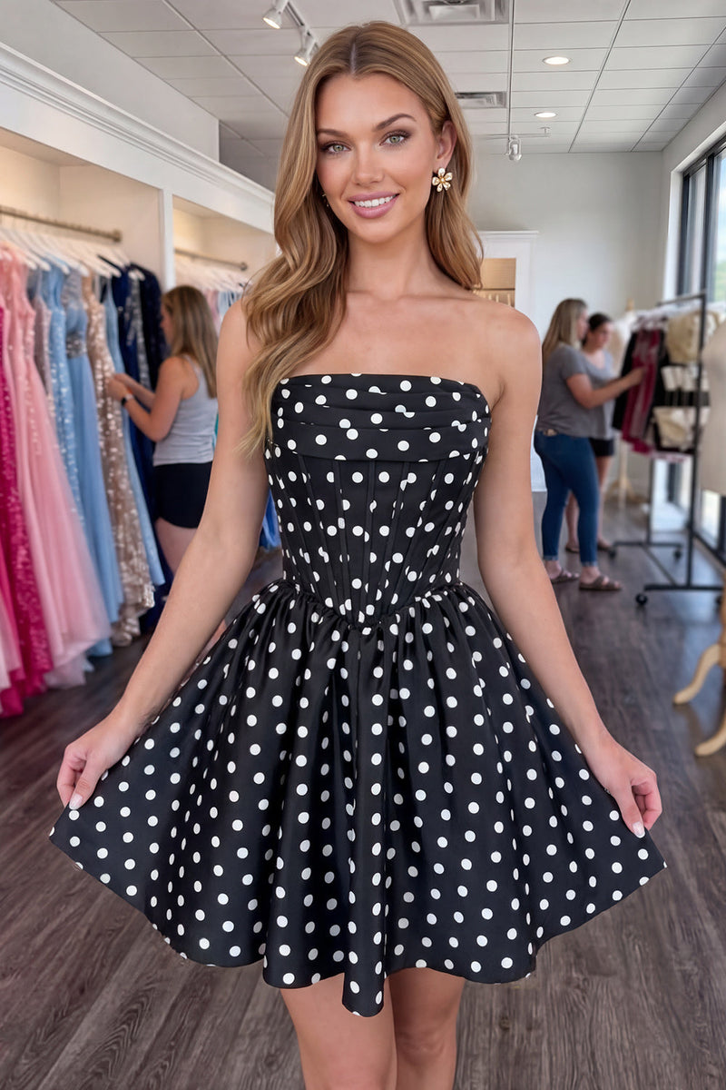 Load image into Gallery viewer, Black and White Polka Dots Corset A-Line Strapless Short Cocktail Dress