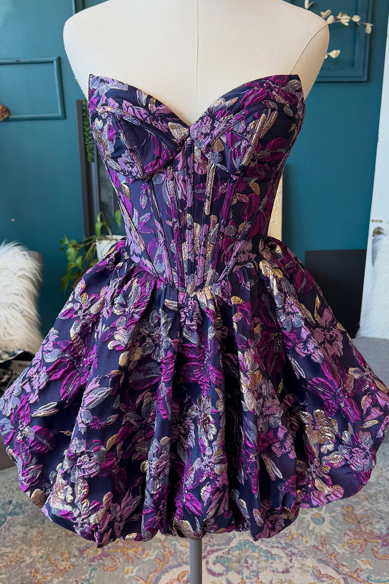 Load image into Gallery viewer, Purple Floral Corset Short A Line Bubble Cocktail Dress