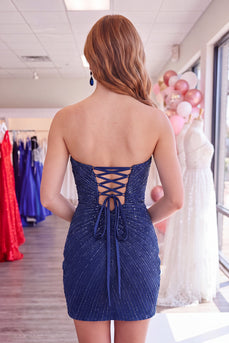 Navy Sparkly Sweetheart Short Tight Cocktail Dress with Beadings