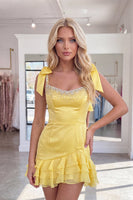 Load image into Gallery viewer, Yellow Sparkly Thick Straps Short Ruffled Cocktail Dress with Beading