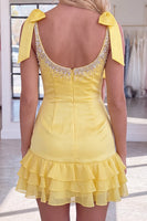 Load image into Gallery viewer, Yellow Sparkly Thick Straps Short Ruffled Cocktail Dress with Beading