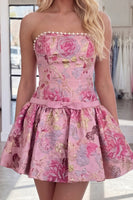 Load image into Gallery viewer, Purple Floral Strapless Short Cocktail Dress with Pearls