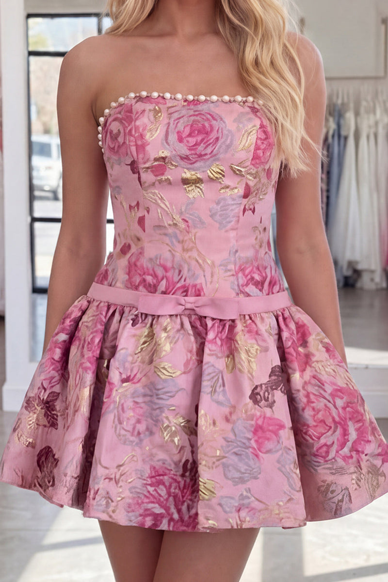 Load image into Gallery viewer, Purple Floral Strapless Short Cocktail Dress with Pearls