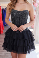 Load image into Gallery viewer, Black Corset Sparkly Tiered Short Ruffled Cocktail Dress with Bow