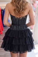 Load image into Gallery viewer, Black Corset Sparkly Tiered Short Ruffled Cocktail Dress with Bow