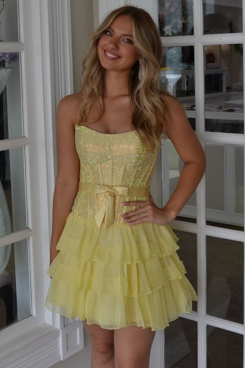 Load image into Gallery viewer, Black Corset Sparkly Tiered Short Ruffled Cocktail Dress with Bow